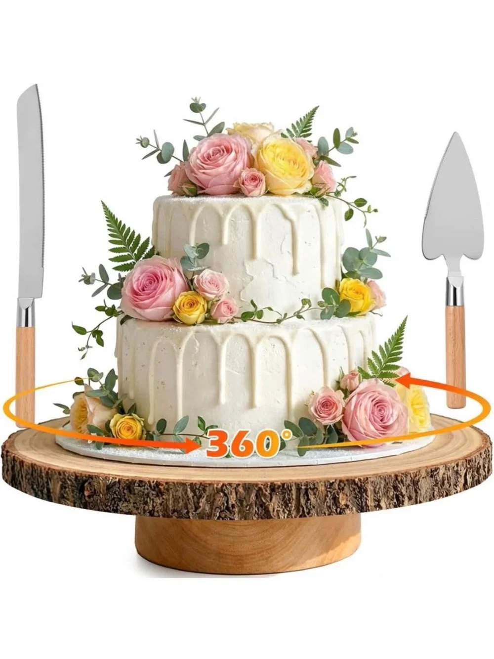 Wooden Cake Stand Turntable with Natural Bark Edge - White Cake Display